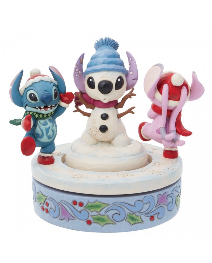 Disney Traditions - Figurine rotative Stitch et Angel avec bonhomme de neige