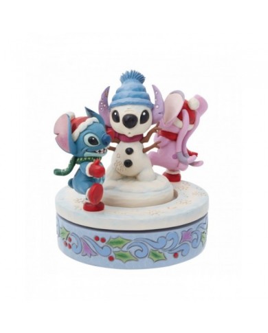 Disney Traditions - Figurine rotative Stitch et Angel avec bonhomme de neige