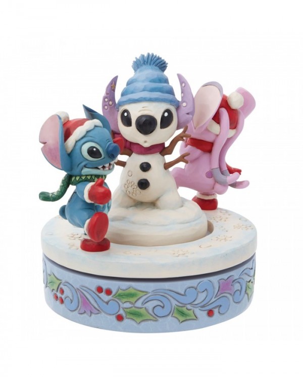 Disney Traditions - Figurine rotative Stitch et Angel avec bonhomme de neige